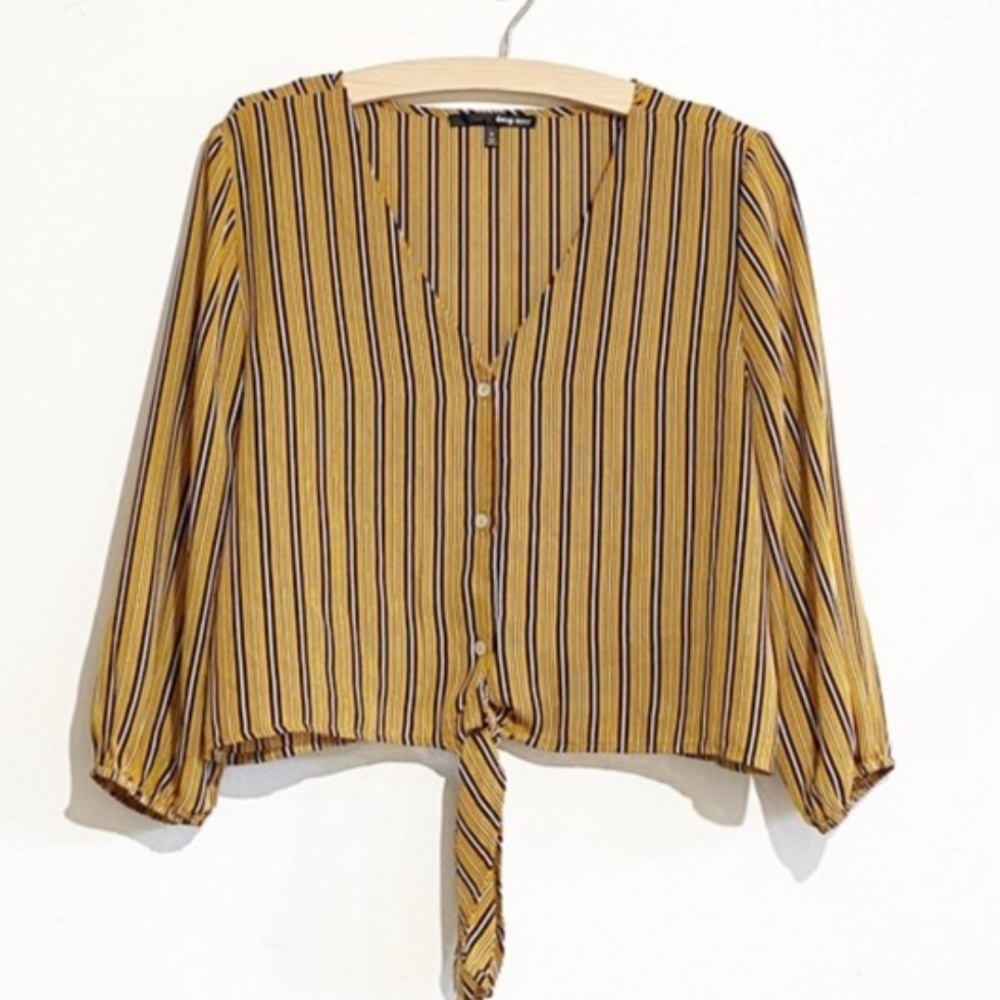 Daisy May mustard yellow and black vertical striped cropped front tie blouse